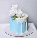 Blue buttercream birthday cake with drip and flower details, Sydney next day delivery