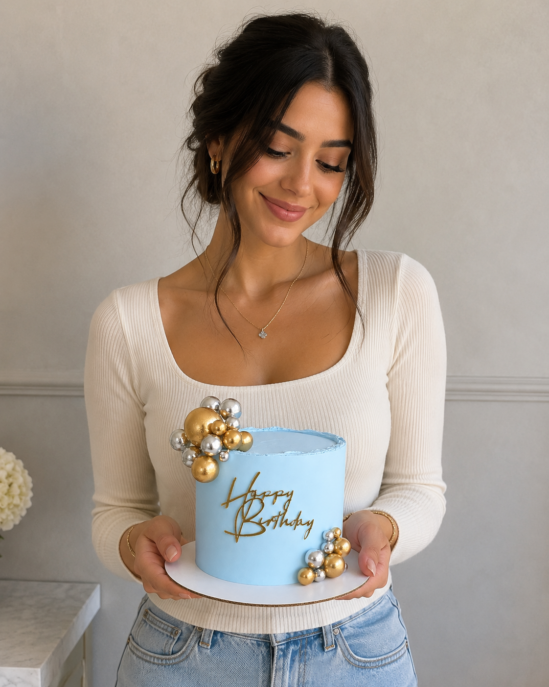 blue birthday cake with gold decorations , sydney