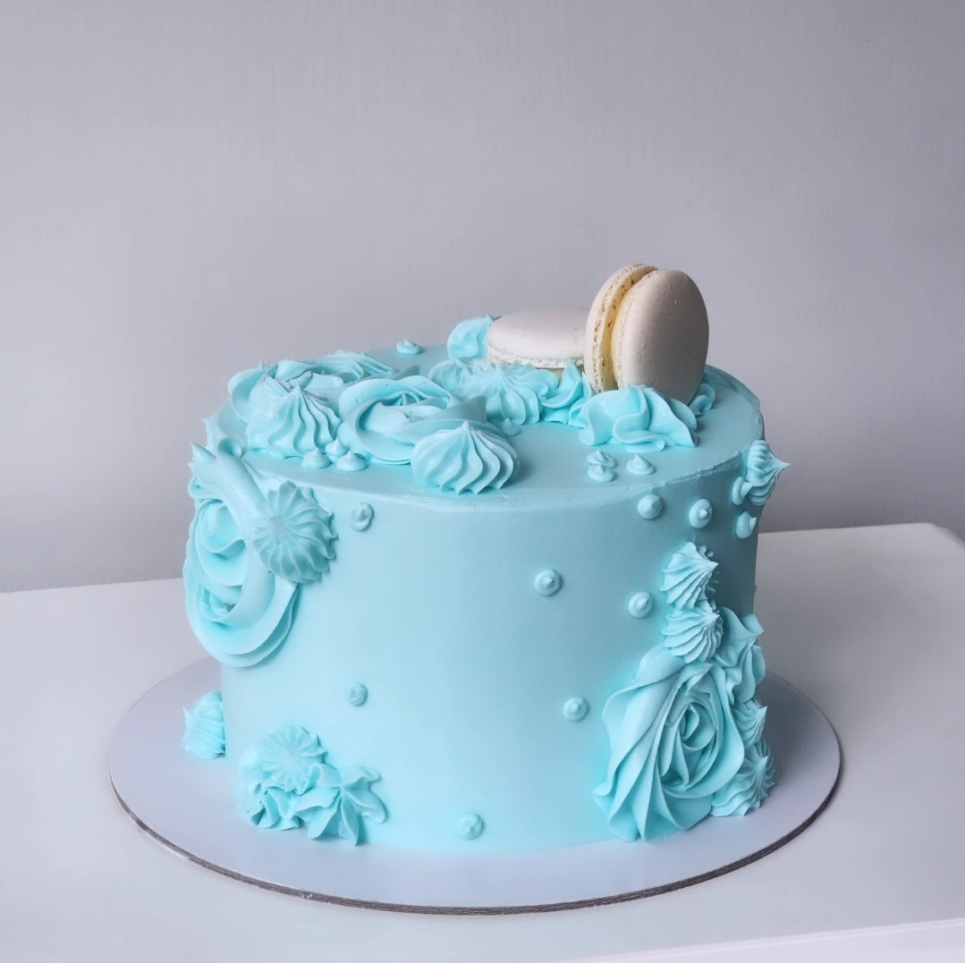 Blue cake piping macarons birthday sydney 