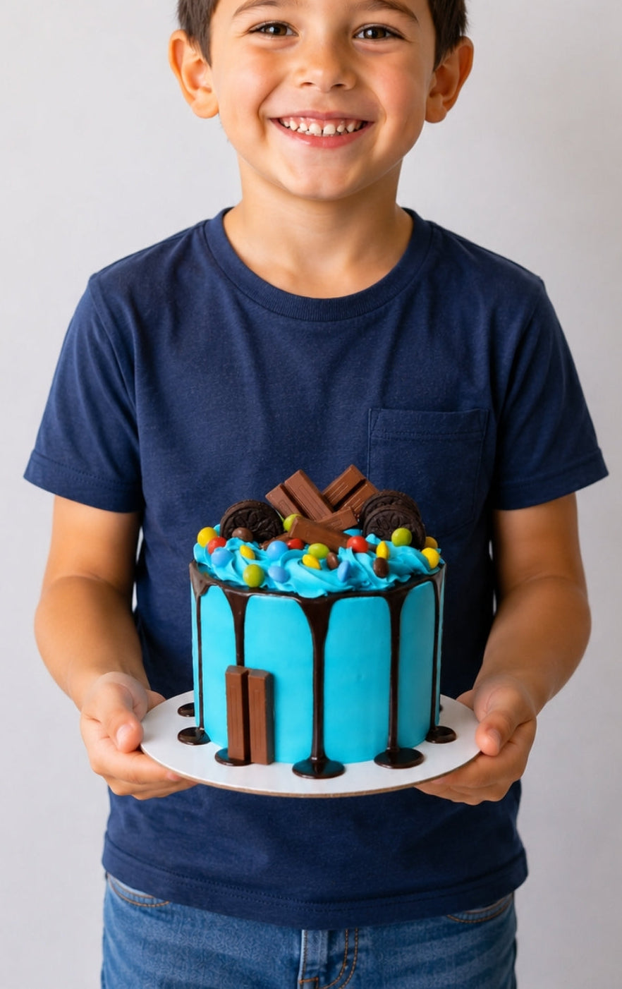 Chocolate blue cake with decorative chocolates drip cake sydney 