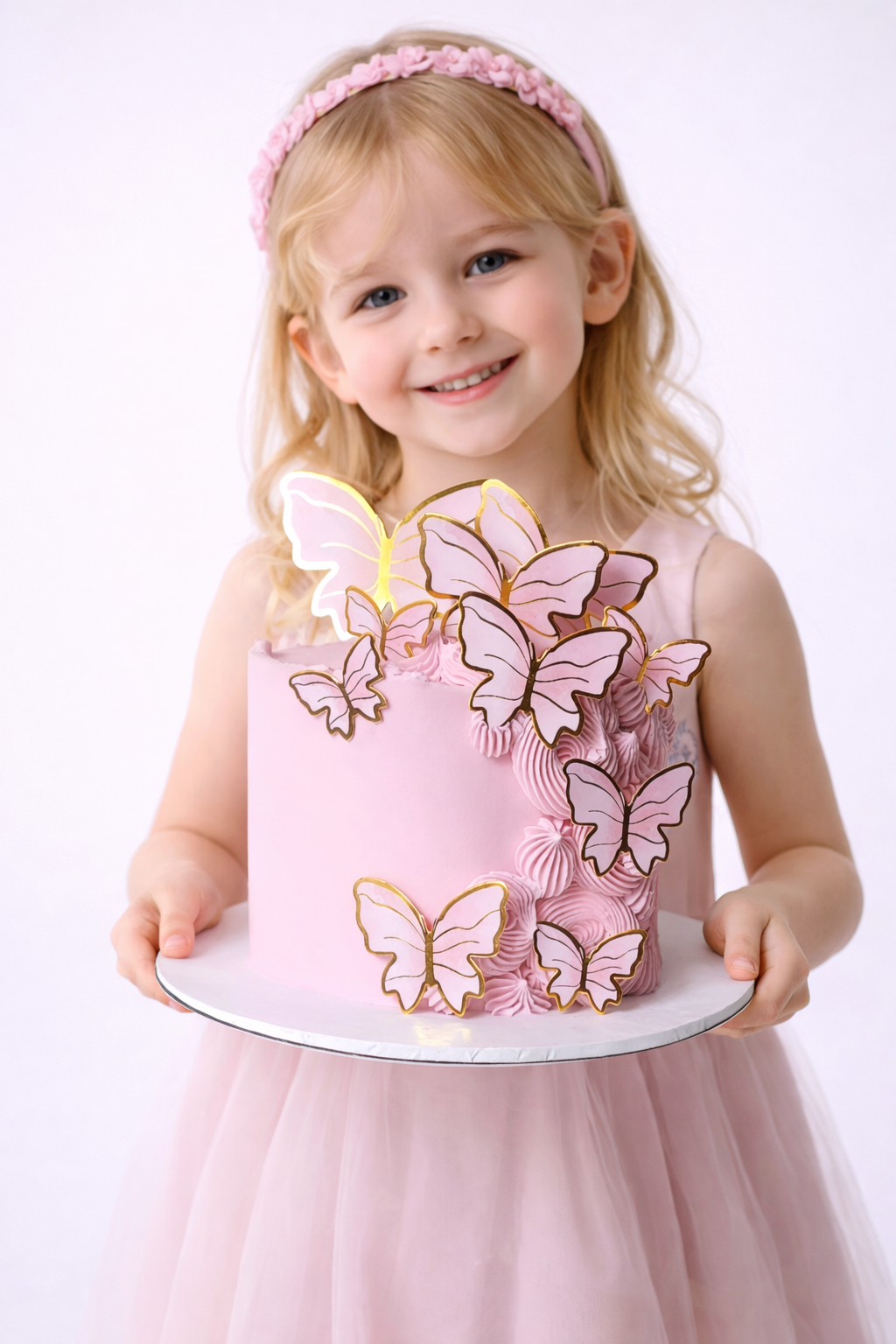 Young girl holding a cake with butterfly decorations on a white background