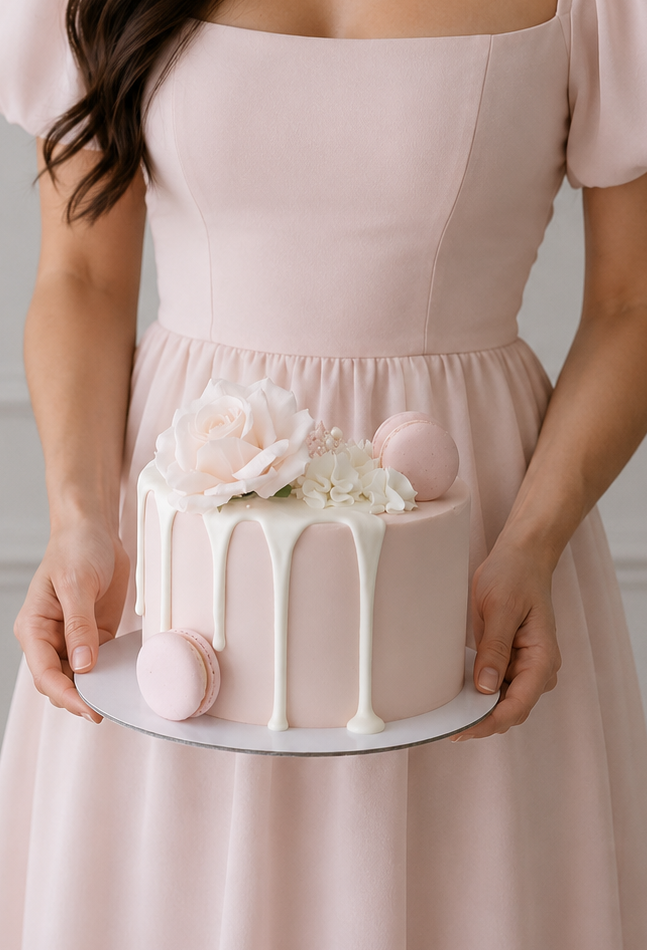 Pink cake with white drip flower and macaron sydney