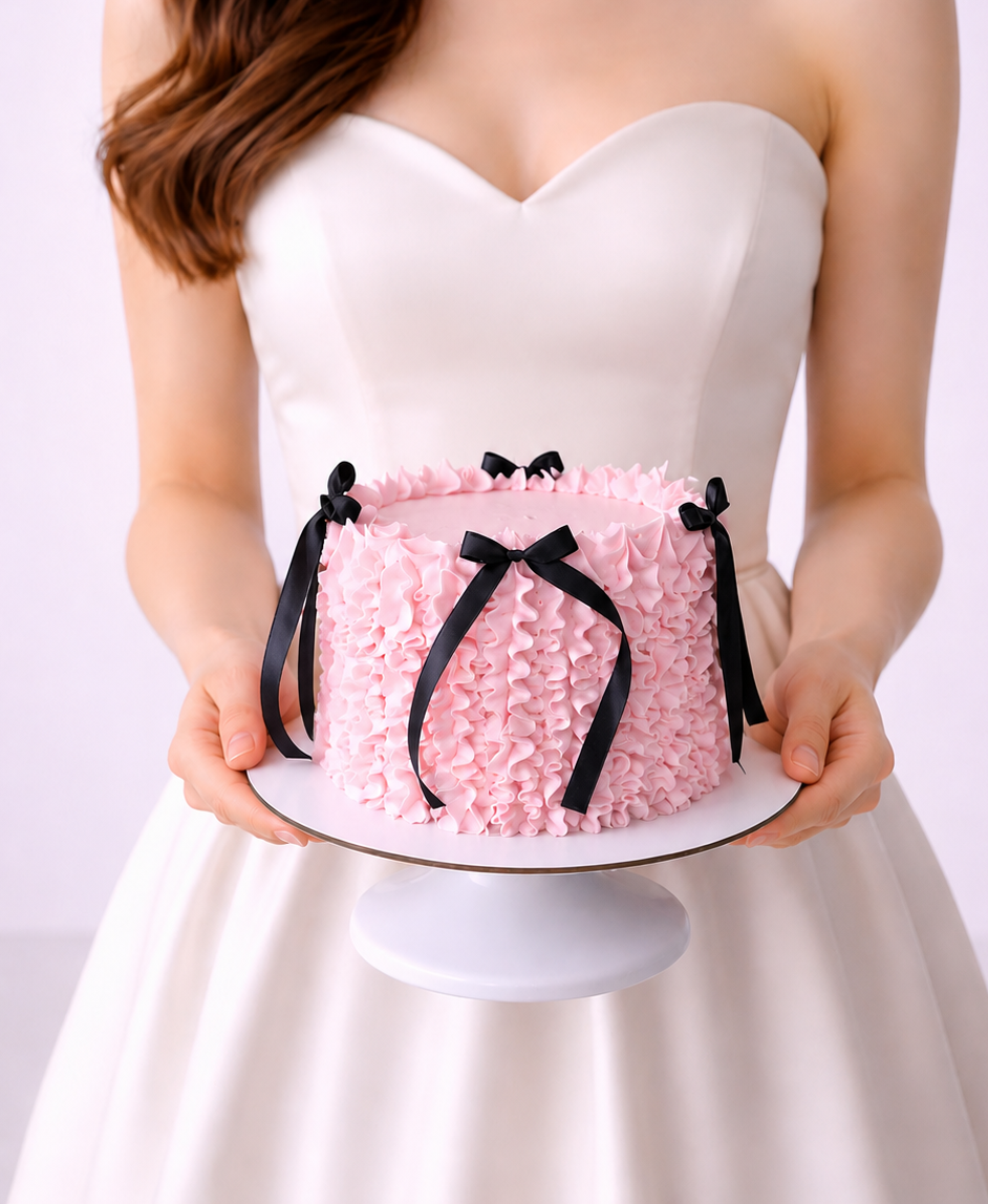  pink ruffle cake with black ribbons . Sydney