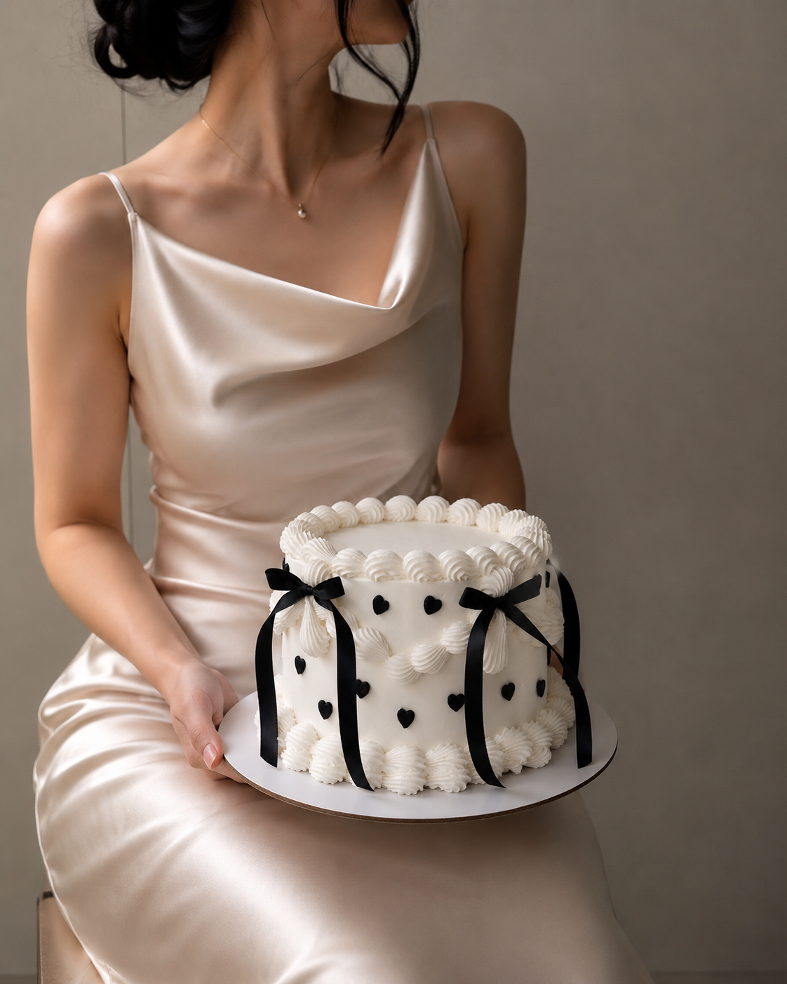 White vintage cake with black hearts and black ribbon sydney