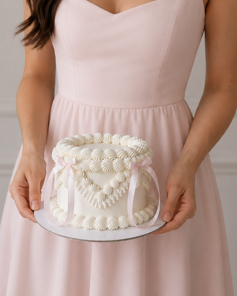 White vintage cake with pink bows sydney