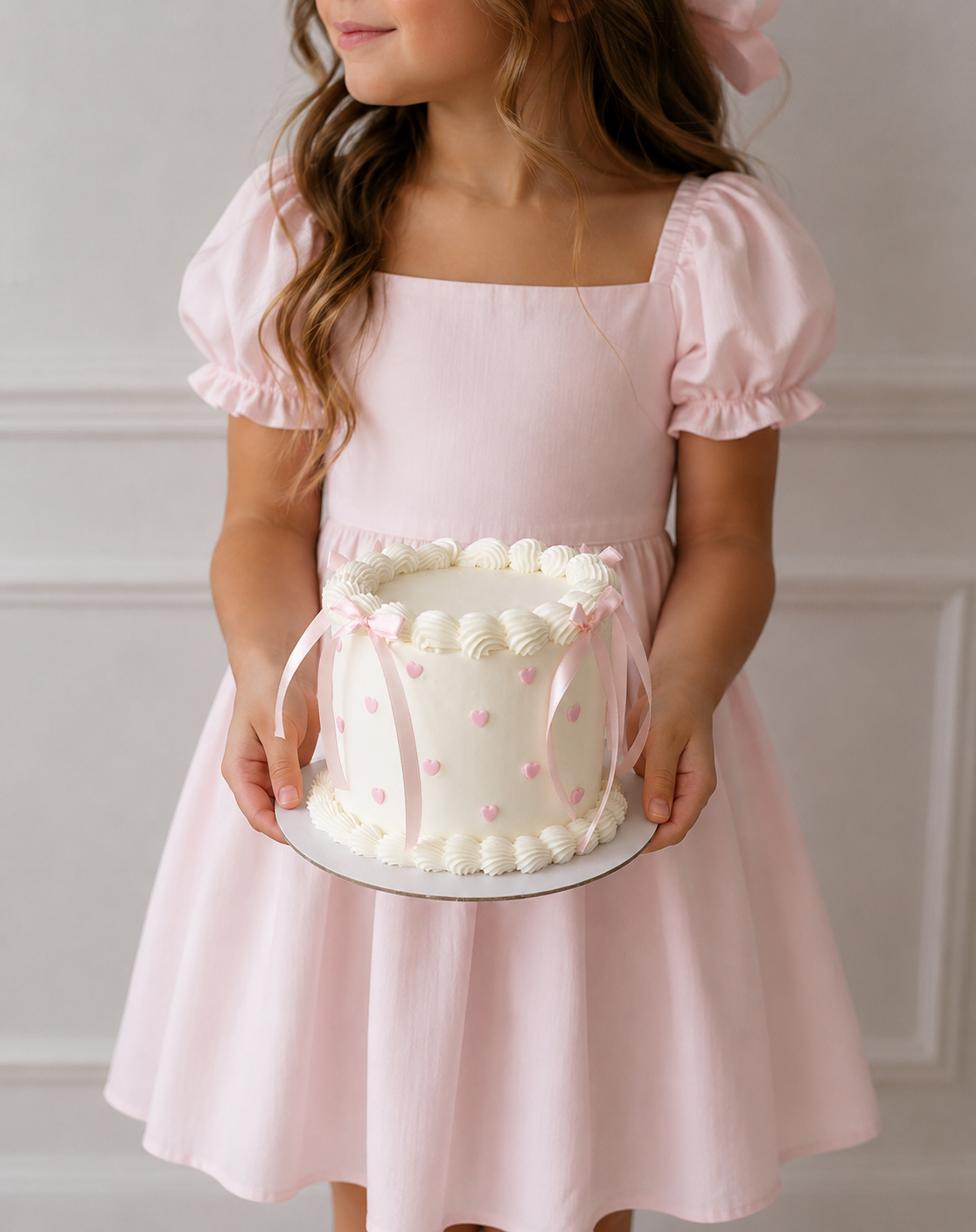 White cake pink hearts ribbons sydney