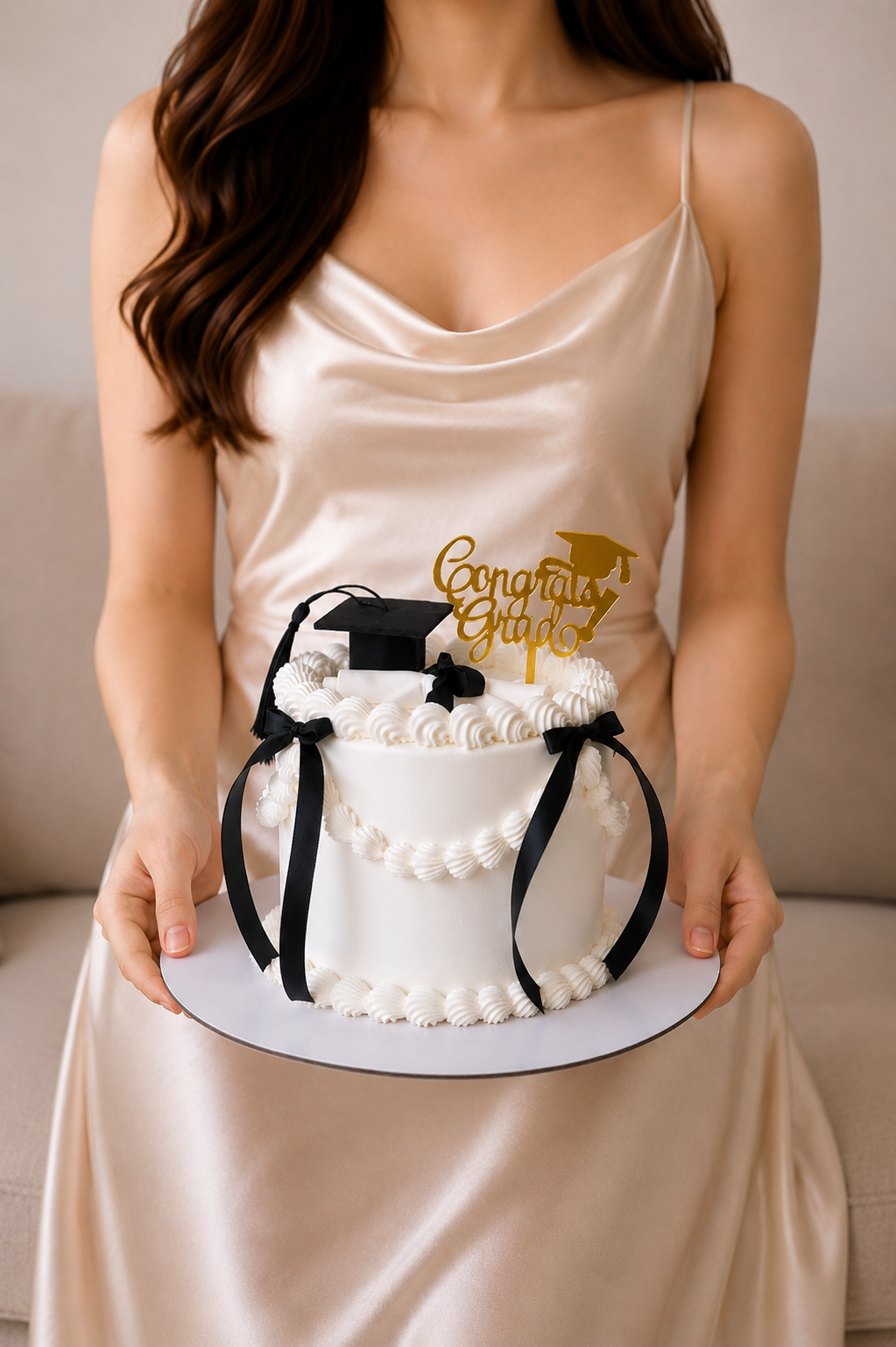 white graduation cake with gold cake topper and black ribbons a cap and scroll  Sydney