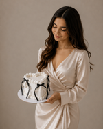  white vintage heart cake with black ribbons sydney