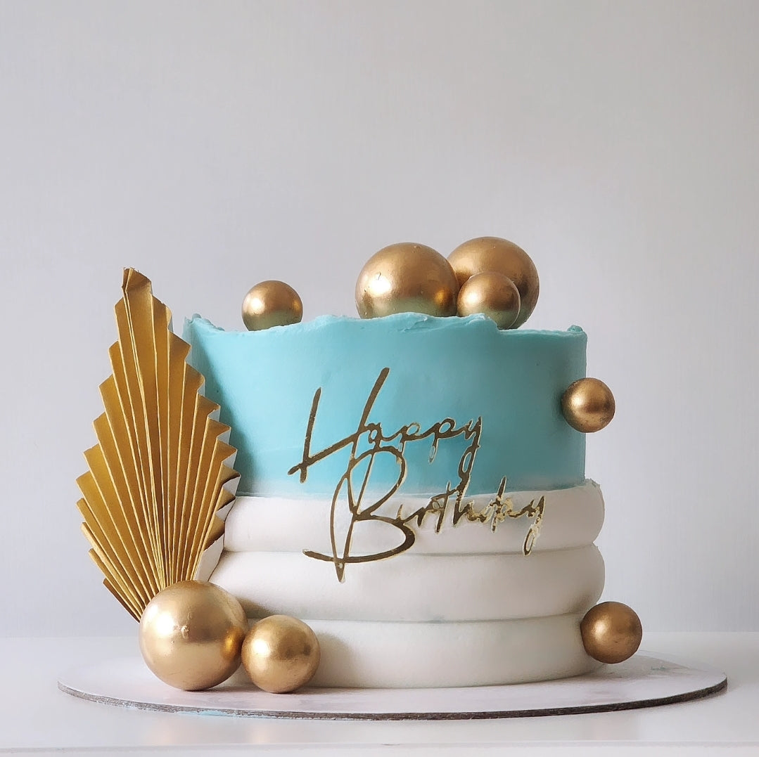 White and blue buttercream birthday cake with gold details Sydney next day delivery