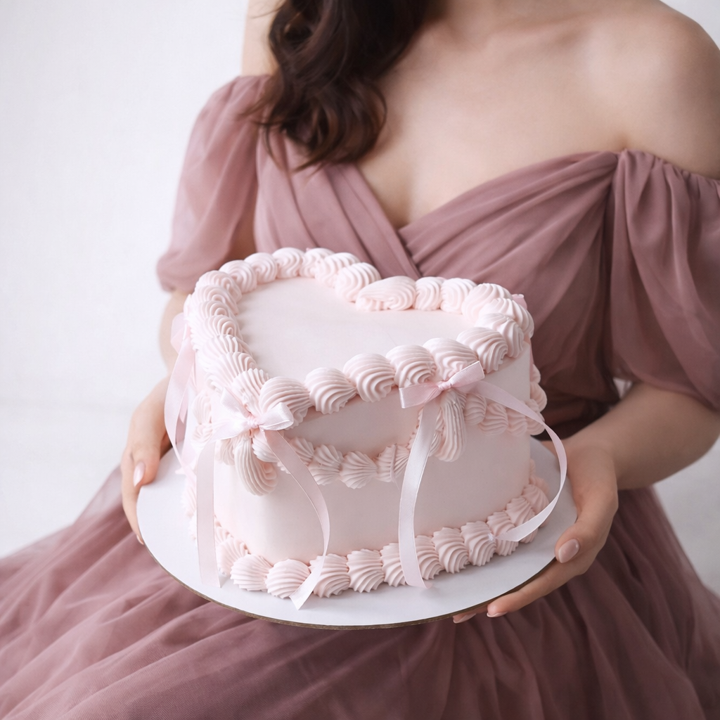Person holding a pink cake with ruffled details against a plain background
