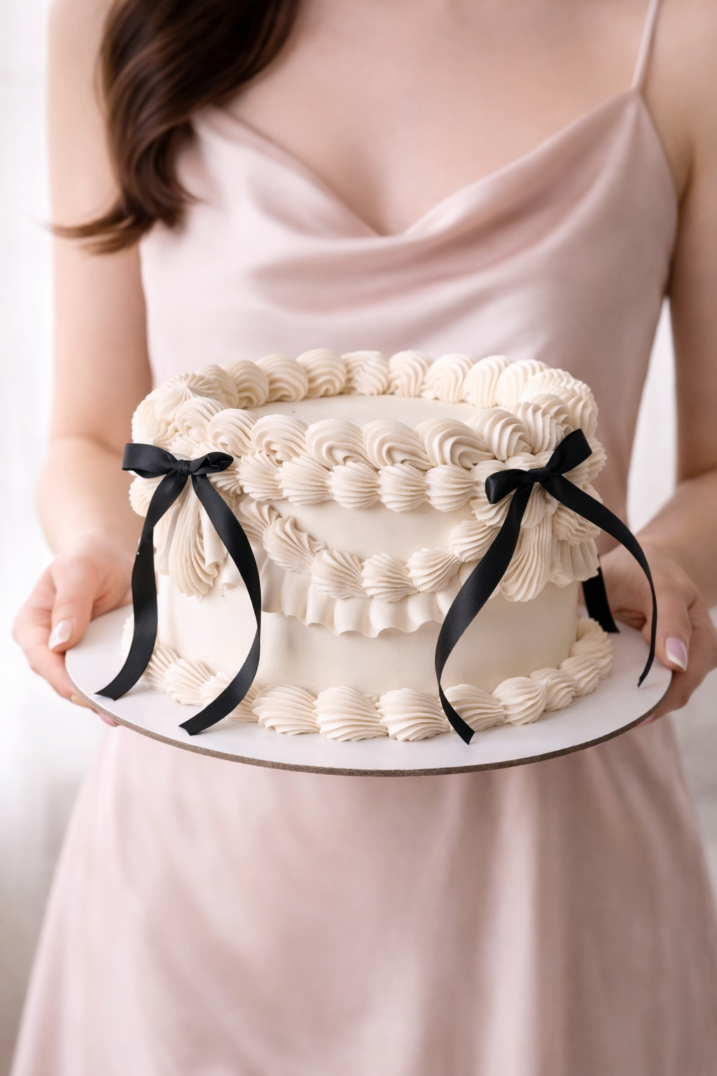 black ribbons on a ivory vintage cake Sydney 