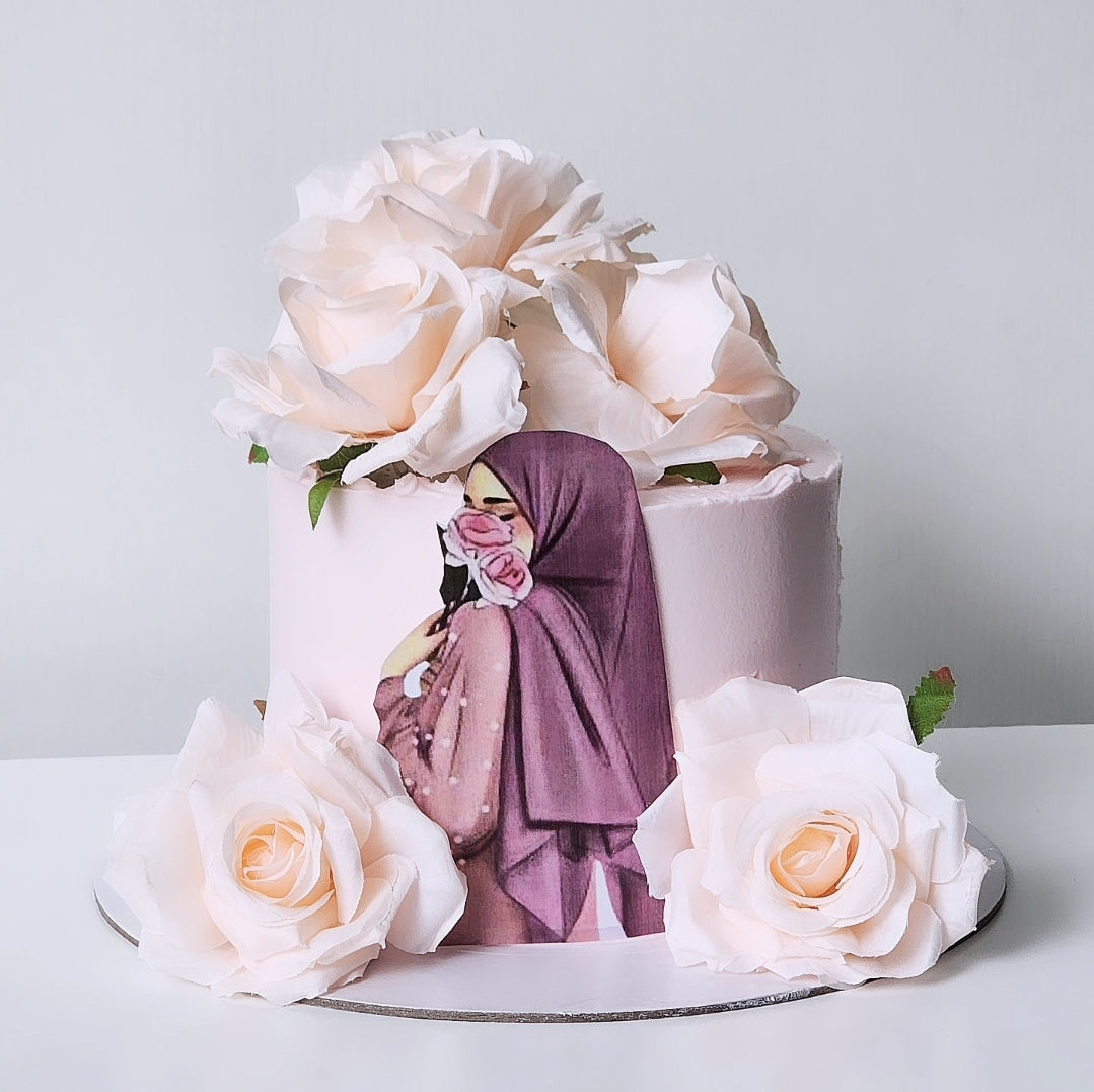 Pink hijab buttercream birthday cake with flower details Sydney next day delivery