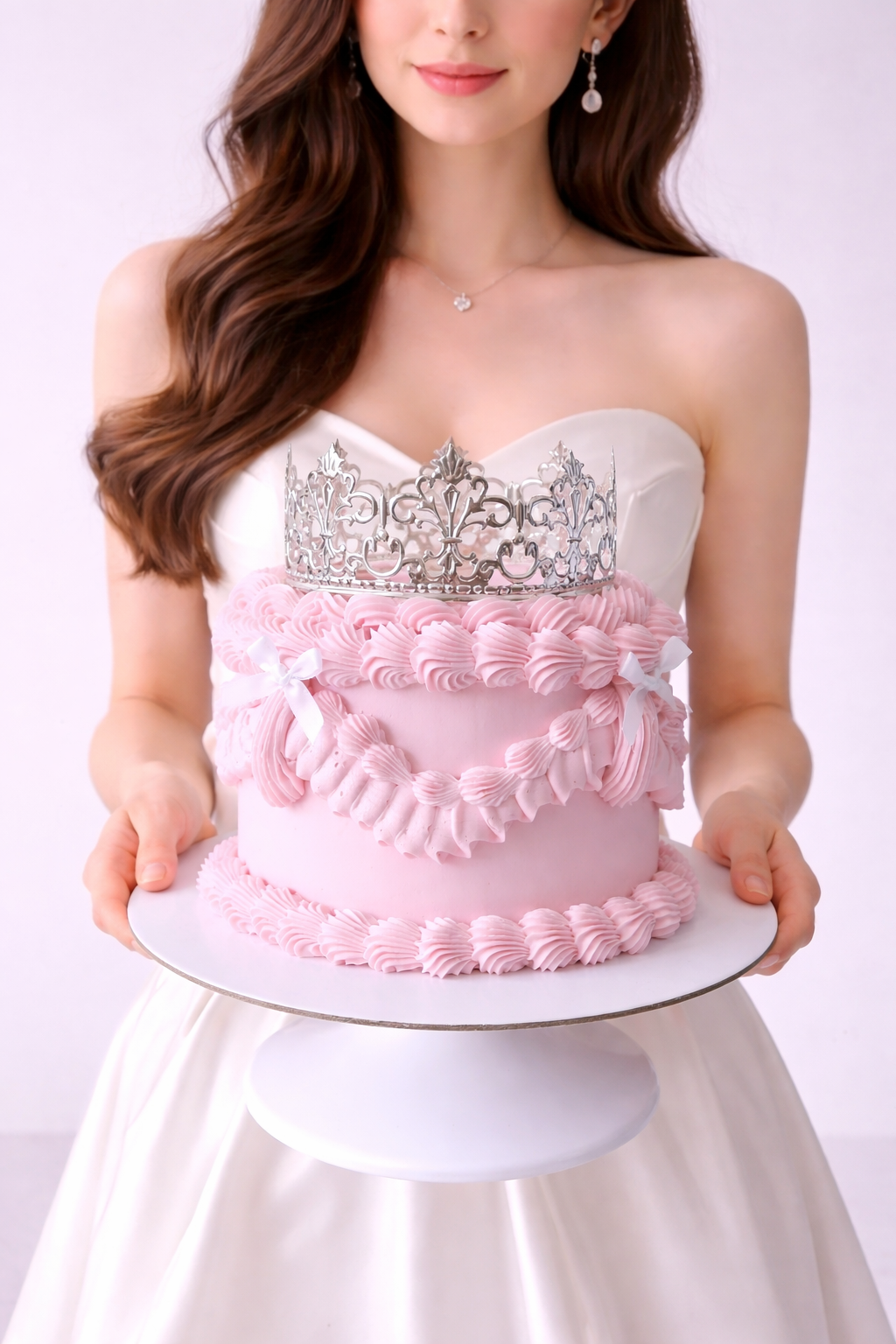 Woman holding a cake designed to look like a strapless dress with a silver brooch and pink ruffles.